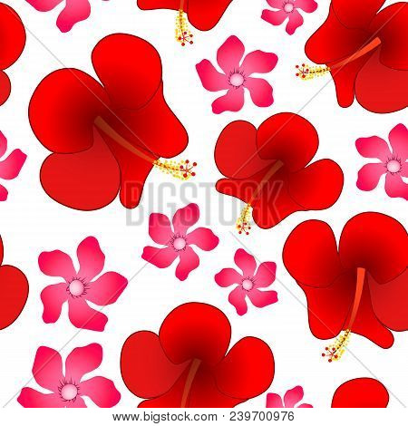 Flowers Of Chinese Hibiscus And Oleander Seamless Pattern Vector Background.