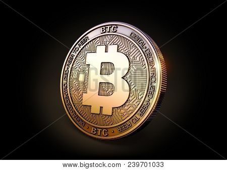 Bitcoin Btc - Cryptocurrency Coin On Black Background. 3d Rendering
