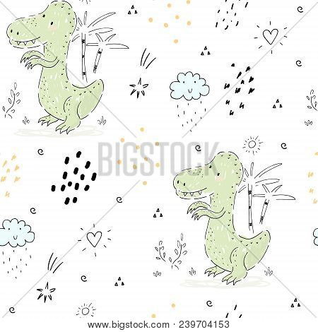 Childish Seamless Pattern With Hand Drawn Dino