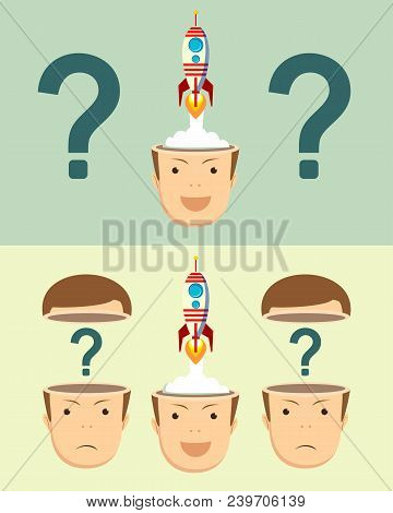 Business Idea Start Up. Successful Businessman With Rocket Ship Launching From His Head. Concept. St