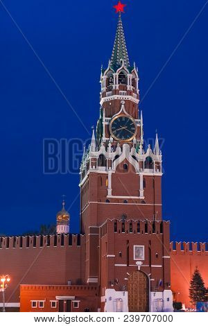 View Of The Spasskaya Tower Of The Moscow Kremlin From Red Square. Dusk Before Sunset.