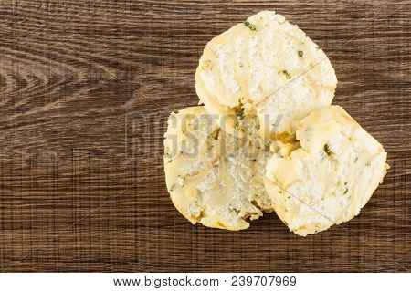 Calsbad Bread Dumpling Top View Isolated On Brown Wood Background Three Slices Stack Fresh Steamed
