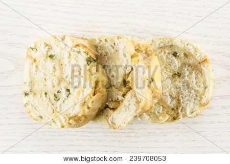 Calsbad Bread Dumpling Top View Three Slices Isolated On Grey Wood Background Fresh Steamed