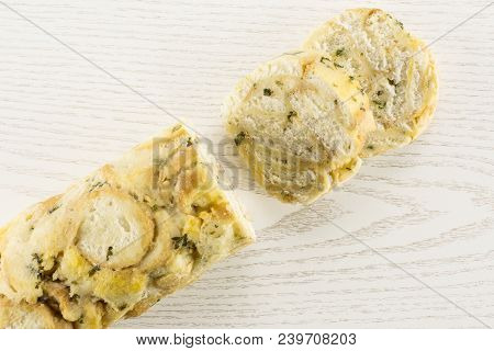 Calsbad Bread Dumpling Top View Sliced Half And Two Slices Isolated On Grey Wood Background Fresh St