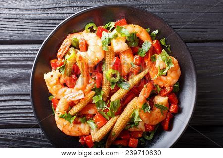 Mexican Delicious Prawns With Pepper, Garlic, Corn Cob And Herbs Close-up. Horizontal Top View