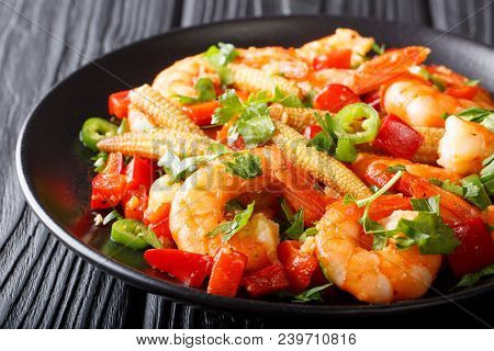 Spicy Prawns With Sweet Pepper, Chili, Garlic, Corn Cob And Herbs Close-up. Horizontal