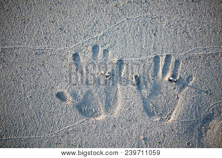 Wedding On The Beach. Finger Prints Of The Bride And Groom With Wedding Rings On The Sand Of The Bea