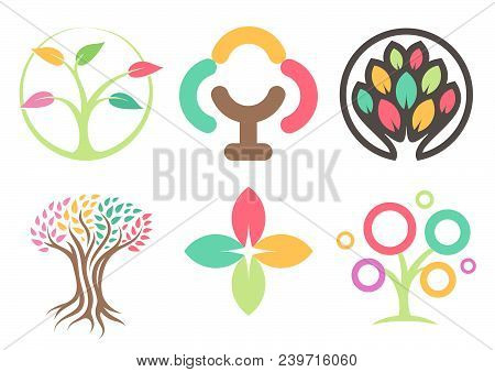 Set Of Logos Of The Trees. Abstract Leaves Icons. Eco Park Logotype Collection. Colorful Leaves Desi