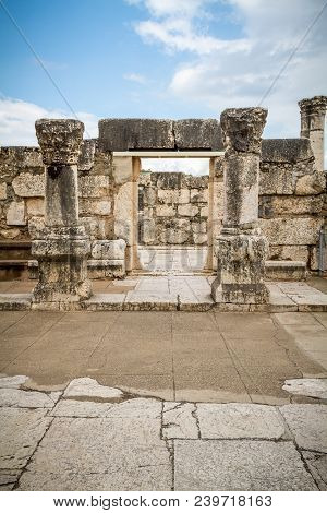 The Ruins Of White Synagogue In Capernaum On The Coast Of The Sea Of Galilea, Where Jesus Lived And 