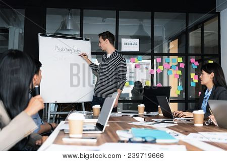 Group Of Young Modern People In Casual Wear Planning Business Strategy. Business Team Analyzing Inco