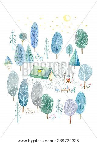 Camping In The Woods.tent, Trees, Bonfire, Plants And Moon.landscape Tourism.watercolor Hand Drawn I