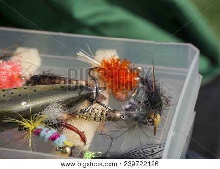 Close Up Macro Of Plastic Box With Colorful Fishing Flies Lure Baits, Bee, Fly And Wobler For Anglin