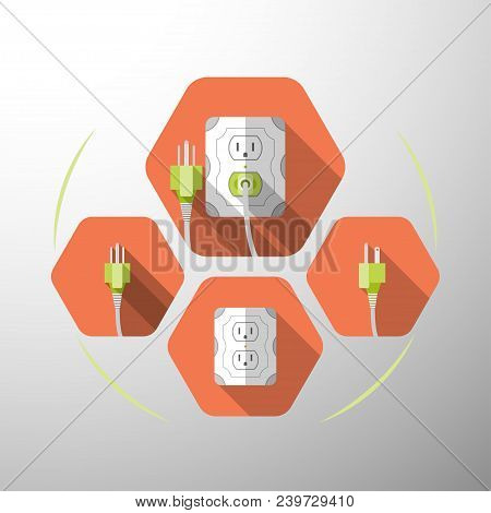 Set Of Electric Outlet And Plug Type B Isolated Icons With The Inserted Green Plug On The Red Hexago