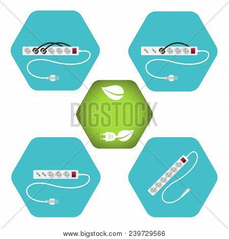 Illustration Of Hexagon Icons Set Of Modern Electric Extension Cord Type B With Shadow On The Turquo