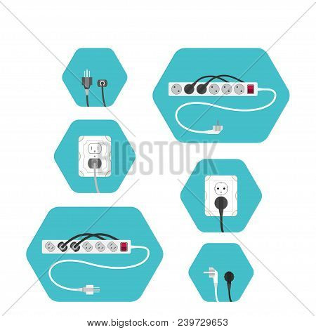 Illustration Of Set Of Hexagon Isolated Icons Outlet And Plug Types B And F On The Turquoise Backgro