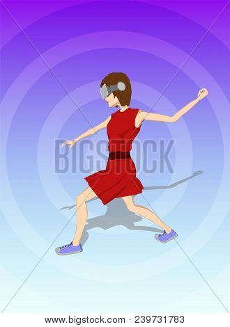 Girl Throws Up Her Hand In Virtual Reality Headset. Abstract Vr World On Background. Vector Illustra