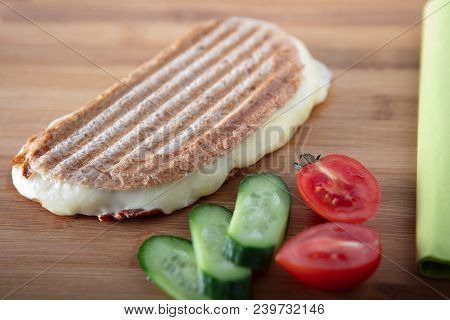Turkish Sandwich Toast (tost) With Cheddar Or Melted Cheese , Selective Focus On Wooden Background H