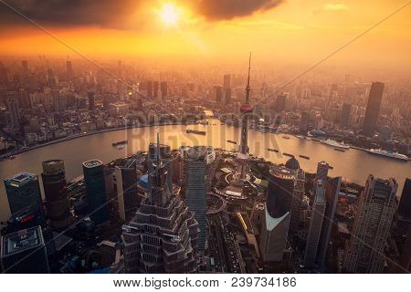 Shanghai City Skyline From Roof Top Of High Tower In Sunset Moment In Shang Hai, China