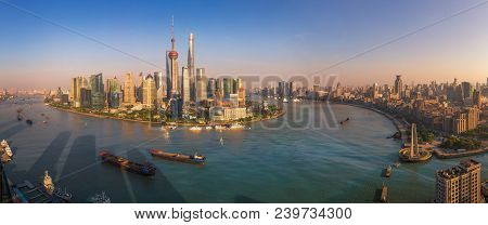 Cityscape Of Shanghai City And River And Sunset Sky, Shang Hai Is Business Center City In China, Asi
