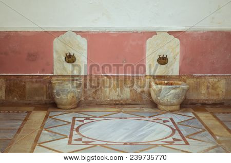 Chouf District, Lebanon, April 05 - 2017: Historic Turkish Marble Bathroom, Located Inside The Beit