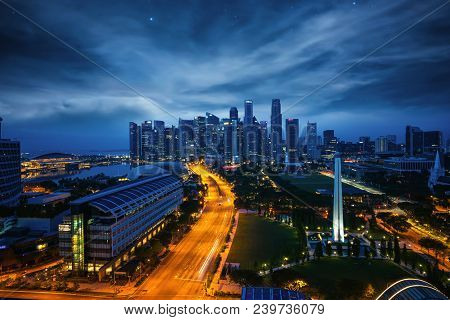 Sityscape Of Singapore City On Night Time, The Main Road And Business Center, Singapore