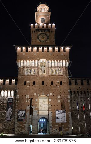 Milan, Italy - April 14:  Sforza Castle At Night On April 14, 2018 In Milan