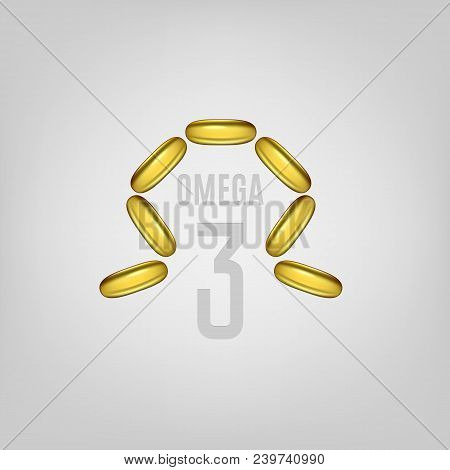 Cosmetic Capsule Of Omega 3 Oil. Golden Antibiotic Gel Pill Icon Template. Vector Realistic Serum Dr
