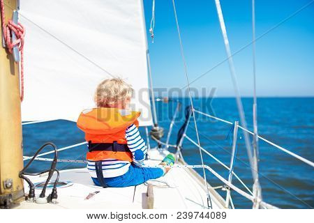 Kids Sail On Yacht In Sea. Child Sailing On Boat.