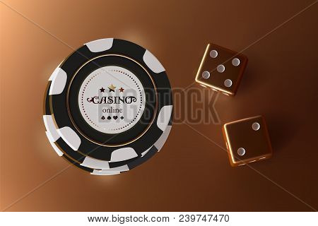 Casino Background Dice And Chips. Top View Of Golden Dice And Chips On Gold Background. Online Casin