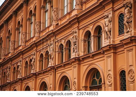 Historical Building Or Sight In Riga, Latvia Or Republic Of Latvia. Neoclassicism In Architecture Or