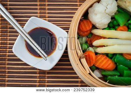 Assorted Steamed Vegetables Prepared On Bambu Steamer