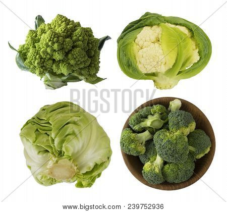 Different Kinds Of Cabbage In A Wooden Bowl. Broccoli, Brussels Sprouts, Roman Cauliflower, Green Ca