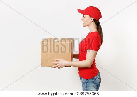 Delivery Woman In Red Uniform Isolated On White Background. Female In Cap, T-shirt, Jeans Working As