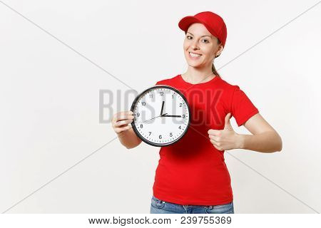 Delivery Woman In Red Uniform Isolated On White Background. Professional Female In Cap, T-shirt, Jea