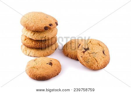 Oatmeal Chocolate Cookies Isolated On White Background. Muesli Cookies.