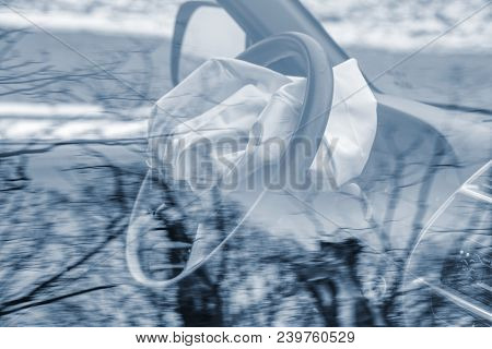 Airbag Exploded At Car Accident. Car Crash And Airbag Worked Well. View Through Closed Window