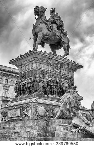 Milan, Italy - April 15: Tatue Of Vittorio Emanuele Ii In Piazza Del Duomo On April 15, 2018 In Mila