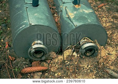 Metal Pipes With Therm Isolation,  Flanges With Bolts And Nut. Flanged Pipes With Valve Connected By