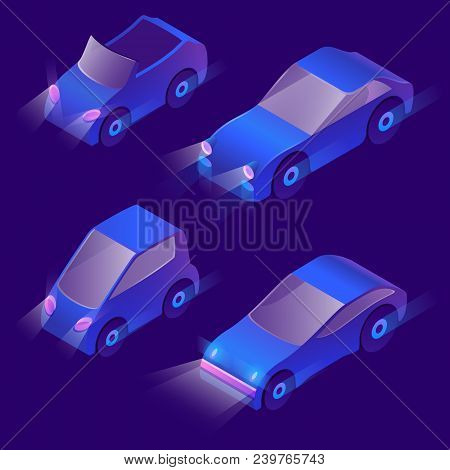 Vector Set Of Isometric Urban Transportation At Night With Turned On Headlights. Parking With Privat