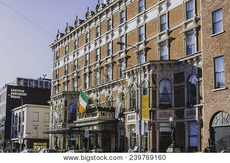 Dublin, Ireland - May 6th, 2018: Exterior Of The Shelbourne Hotel In Dublin City Centre