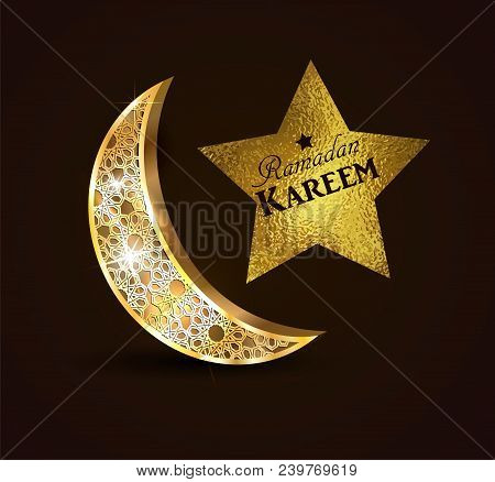 Ramadan Greetings With Golden Moon On Dark Background With Foil Starvector