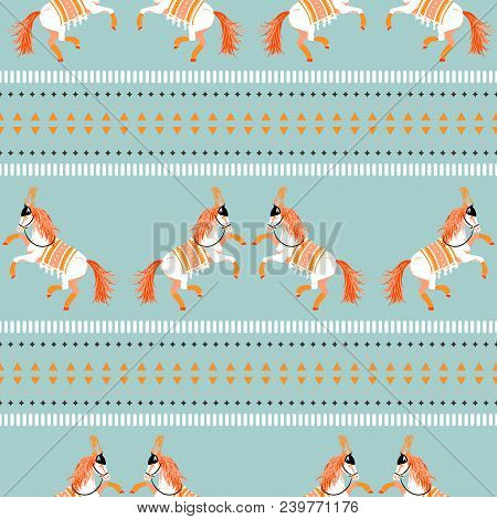 Circus Horse Tribal Seamless Vector Blue Pattern. White Carousel Horses Performance.
