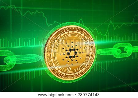 Crypto Currency. Block Chain. Cardano. 3d Isometric Physical Golden Cardano Coin With Wireframe Chai