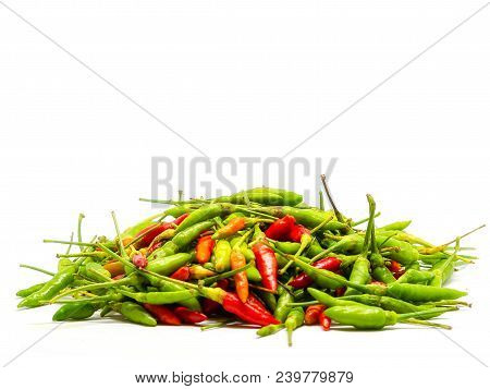 Small And Red Hot Bird Eye Chili Padi , Isolated On A White Background.