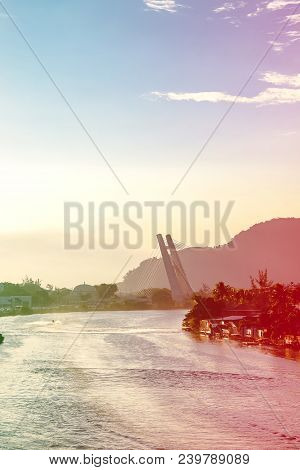 Marapendi Lagoon Seen From Above With Houses On The Hill During Sunset, Golden Light. Jet Skis Are R