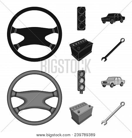 Traffic Light, Old Car, Battery, Wrench, Car Set Collection Icons In Black, Monochrom Style Vector S