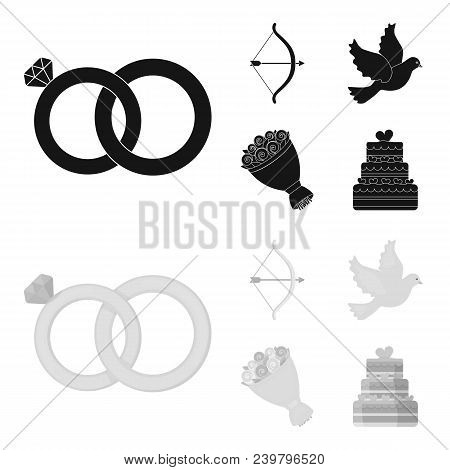 Arrow Cupid, Dove, Bouquet Of Flowers, Wedding Cake. Wedding Set Collection Icons In Black, Monochro