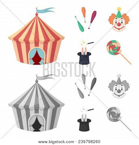 Circus Tent, Juggler Maces, Clown, Magician Hat.circus Set Collection Icons In Cartoon, Monochrome S