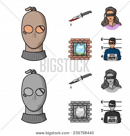 A Thief In A Mask, A Bloody Knife, A Hostage, An Escape From Prison.crime Set Collection Icons In Ca