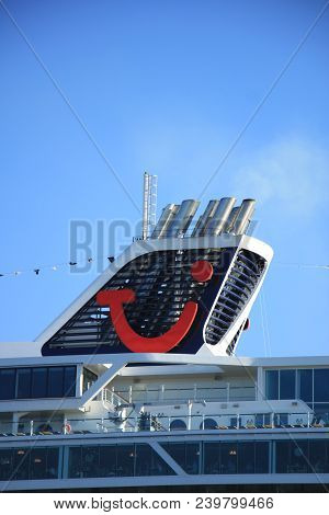 Velsen, The Netherlands - May 8th 2018: Mein Schiff 1, Tui Cruises On North Sea Canal. Maiden Voyage